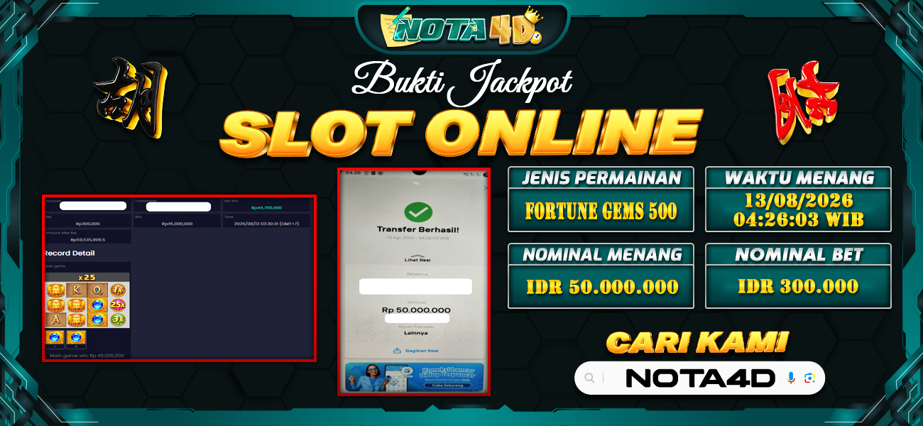 Bukti Kemenangan Besar Dibayar lunas Member NOTA4D RP 50.000.000, 13 Agustus 2026