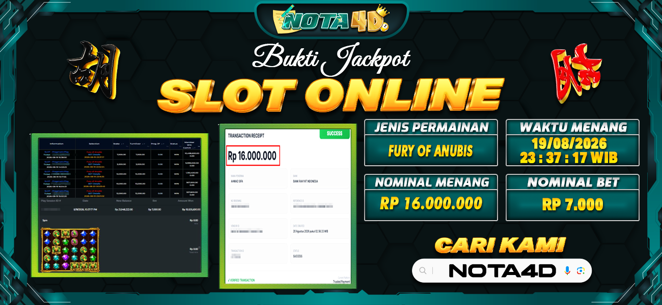 Bukti Kemenangan Besar Dibayar lunas Member NOTA4D RP 16.000.000, 20 Agustus 2026
