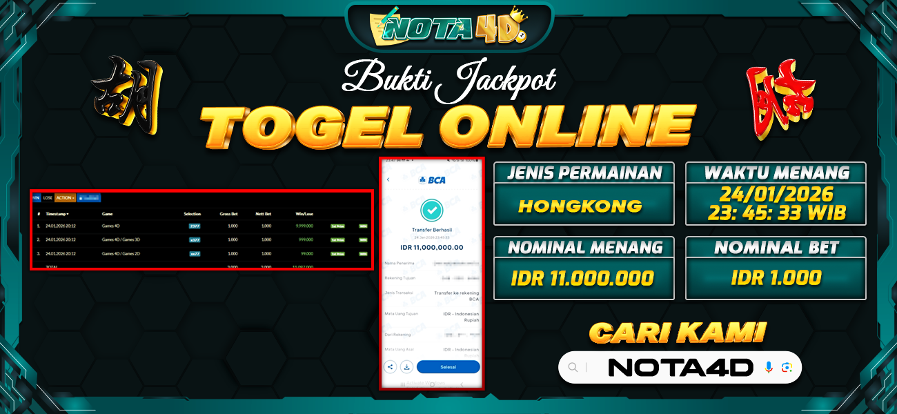 Bukti Kemenangan Besar Dibayar lunas Member NOTA4D RP 11.000.000, 24 Januari 2026