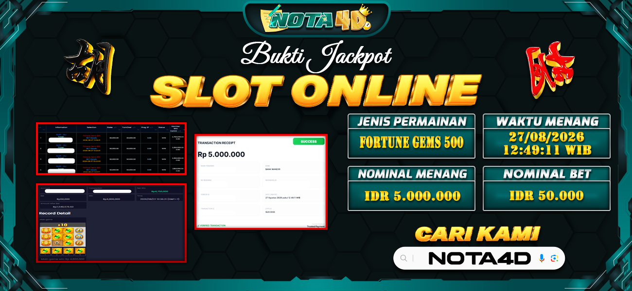 Bukti Kemenangan Besar Dibayar lunas Member NOTA4D RP 5.000.000, 27 Agustus 2026