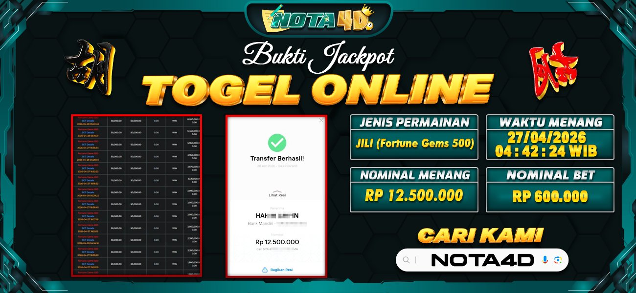 Bukti Kemenangan Besar Dibayar lunas Member NOTA4D RP 12.500.000, 27 April 2026