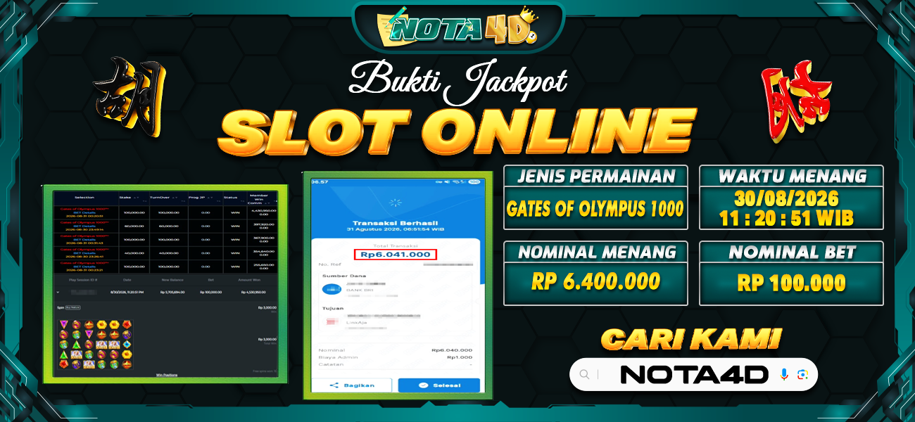 Bukti Kemenangan Besar Dibayar lunas Member NOTA4D RP 6.400.000, 31 Agustus 2026