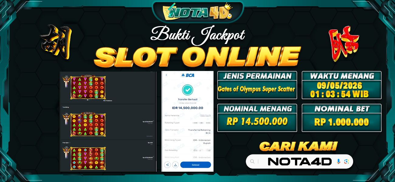 Bukti Kemenangan Besar Dibayar lunas Member NOTA4D RP 14.500.000, 4 Mei 2026